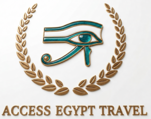 Access Egypt Travel logo featuring the Eye of Horus symbol within a gold laurel wreath