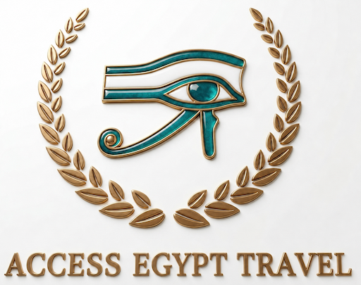 Access Egypt Travel logo featuring the Eye of Horus symbol within a gold laurel wreath